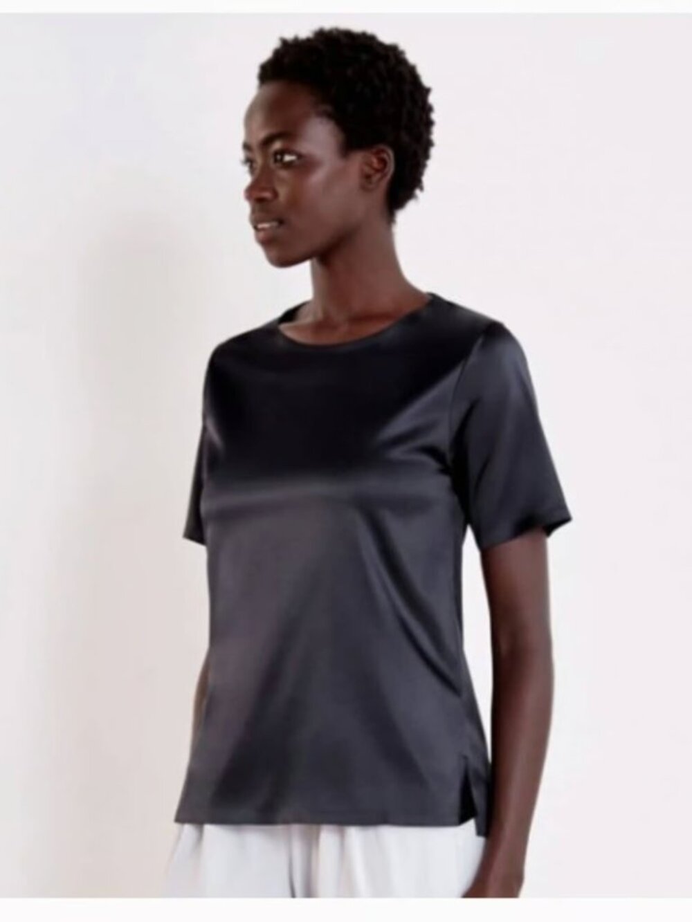 Unworn!! ADAY S Black First Class Satin Short Sleeve Top High Sheen
